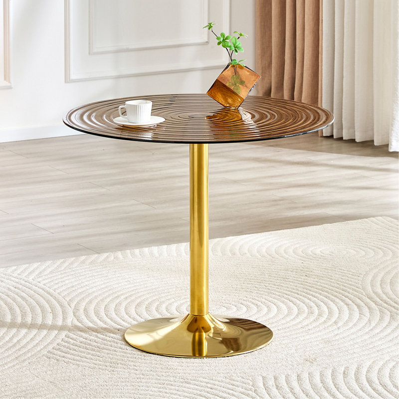 Table ronde en verre rond de 35 pouces de diamètre. Pilier en métal doré. Négociation, table basse, table de salle à manger. Convient aux petits espaces repas de 2 à 4 personnes.