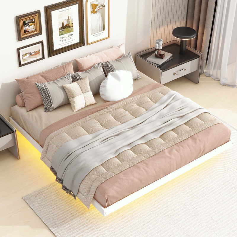 Modern Low Profile Platform Bed With LED Lights, White, Full