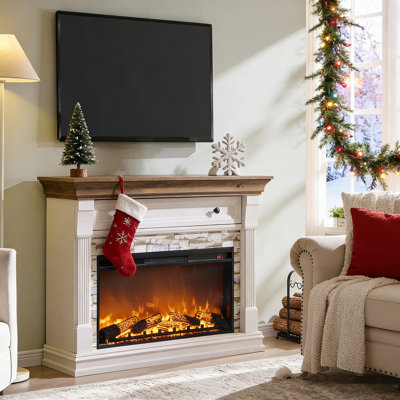 Farmhouse 52" Tv Stand With Electric Fireplace Mantel & Storage Cabinets With 36" Freestanding Heater, Remote-Controlled Adjustable 3D Flames