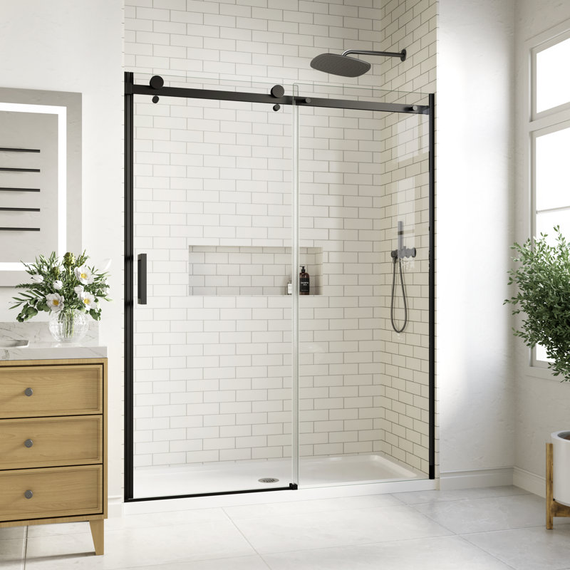 Porte de douche coulissante simple sans cadre l 60 po x H 74 po avec verre transparent de 5/16 po (8 mm), Noir mat