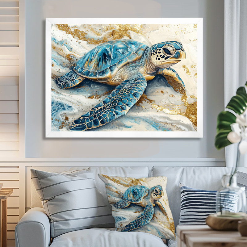 Colen Marble The Turtle S Voyage I - Tortue, art mural, Reproduction encadrée d'une seule photo, H 12 po x l 20 po, Blanc