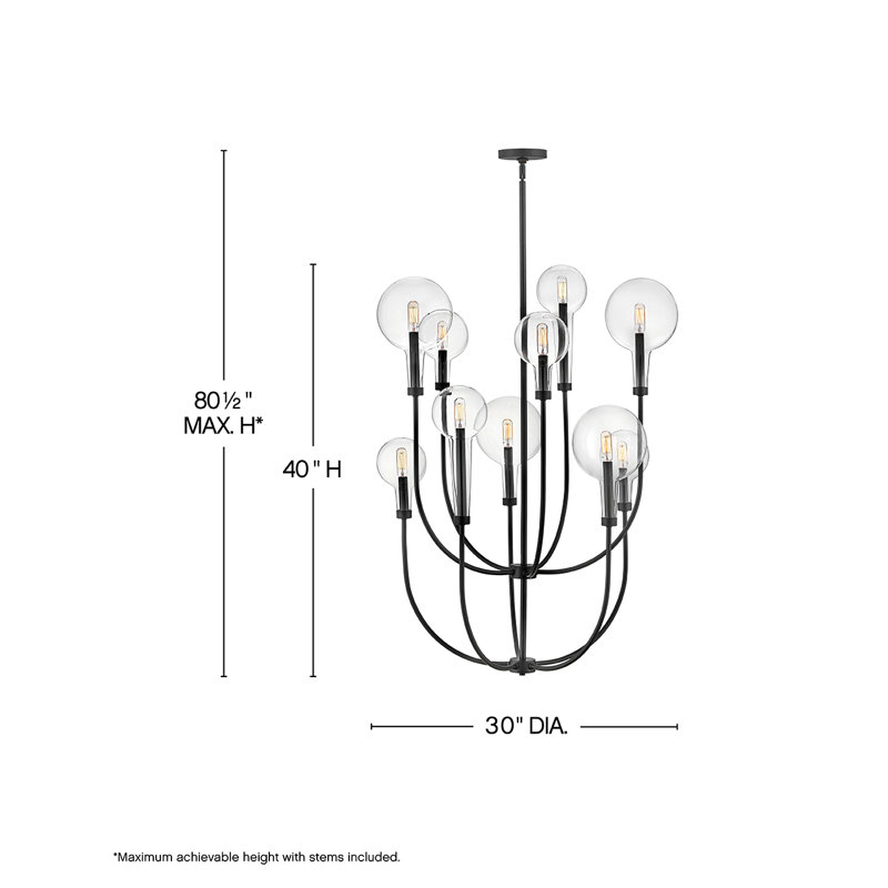 Alchemy 10-Light Clear Tapered Globe Pendant w/ U-Shaped Stems, Black