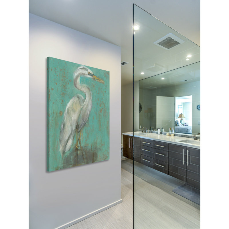Seaspray Heron Turquoise Canvas Painting, 30" x 20"