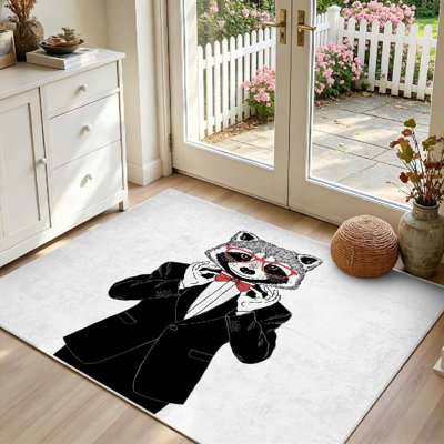 Tapis d'intérieur transparent lavable à la machine, motif raton laveur en smoking avec nœud papillon