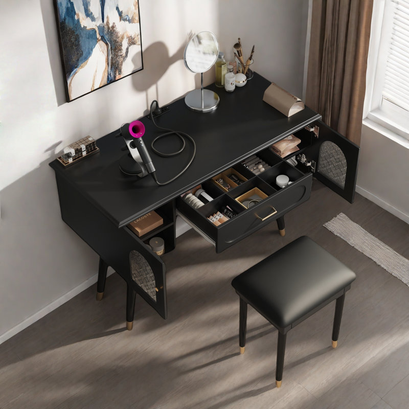 Elegant Vanity Makeup Table & Chair Set, Modern Dressing Table With Organizer, Writing Desk, Charging Port, Black