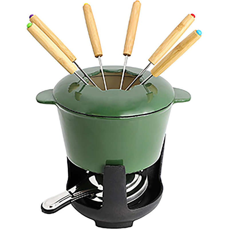 Ensemble de fondue en fonte émaillée avec 6 fourchettes, brûleur à alcool, conception à chaleur uniforme, ensemble de fondue verte pour le fromage, chocolat, bouillon