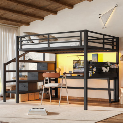Queen Size Metal Loft Bed with Storage Stairs, Movable Desk, USB, LED, Fabric Drawers & Pegboard, Black
