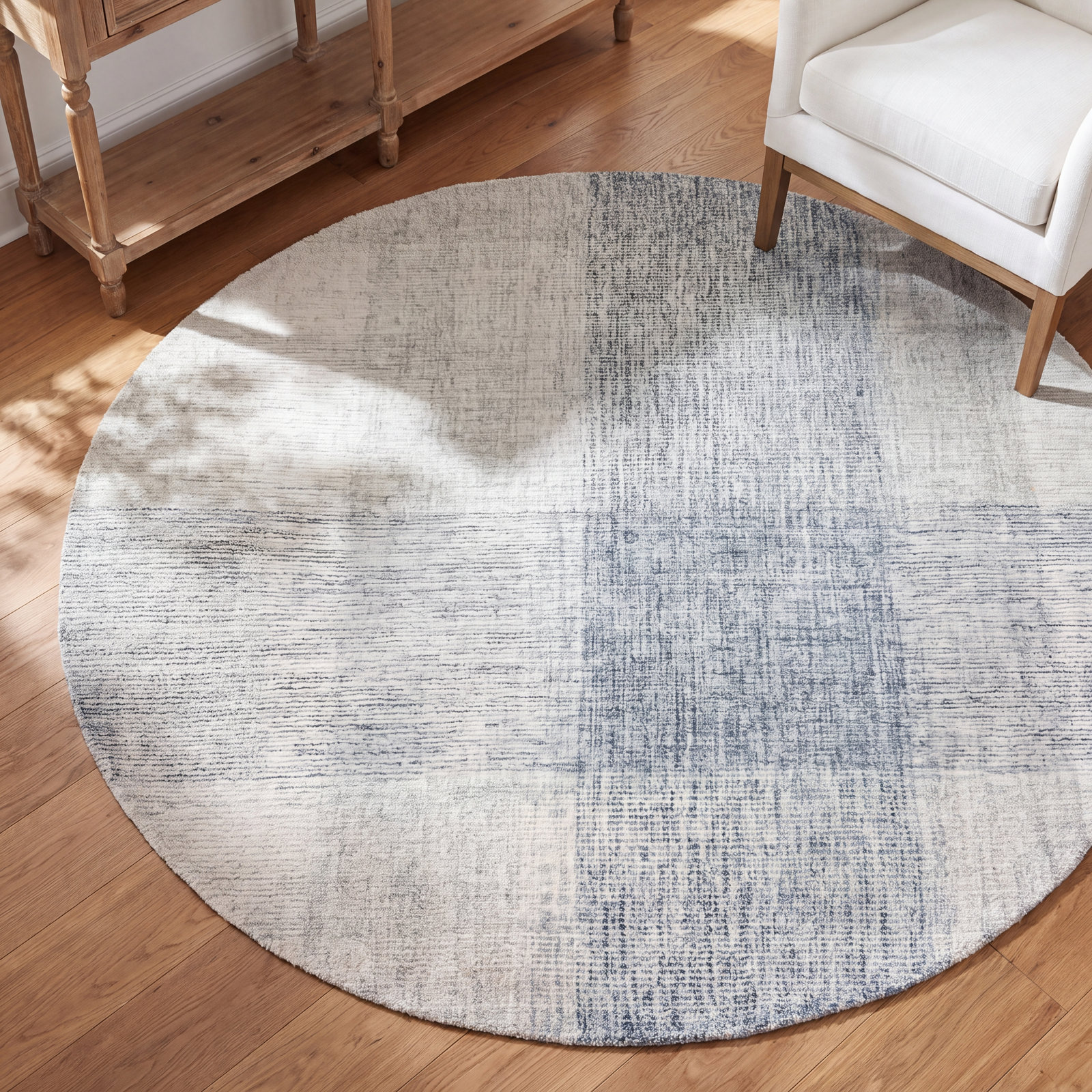 Gray Blue Hand-Tufted Geometric Wool Rug, Round 6'