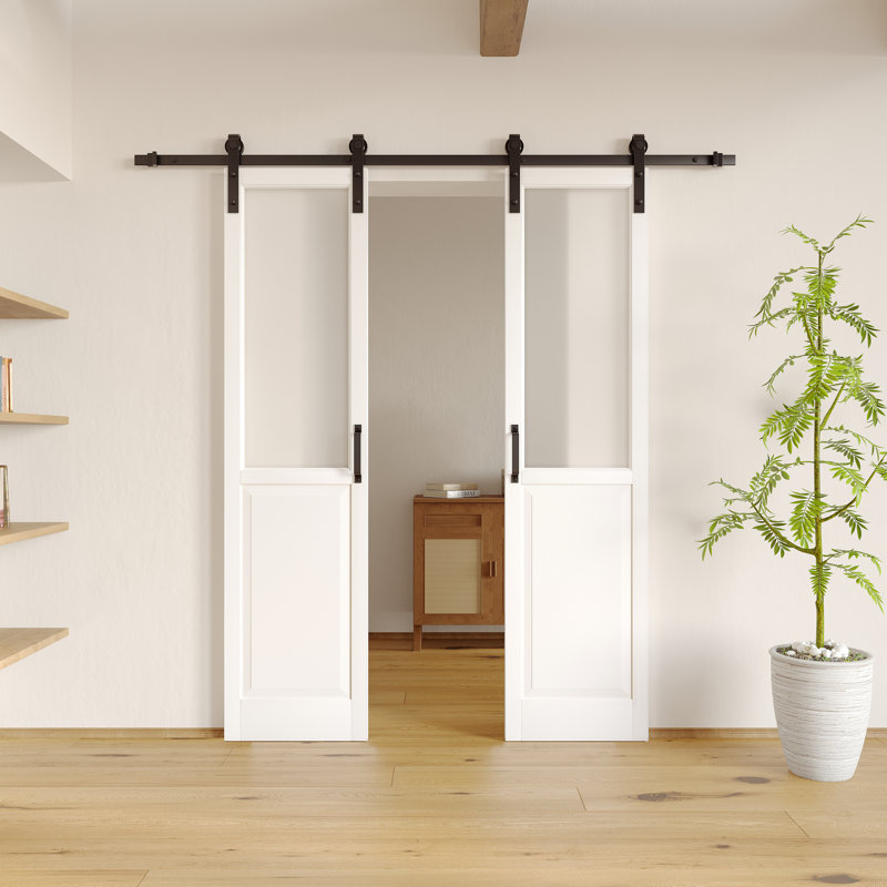 Portes de grange doubles en verre trempé et en bois manufacturé avec ensemble de quincaillerie Half Lite, 42 po x 84 po