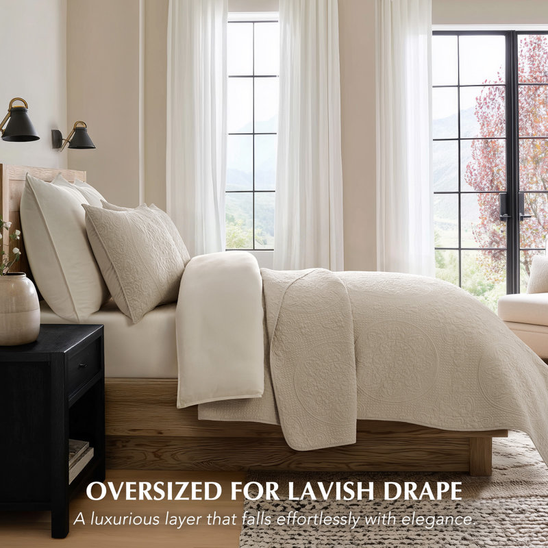 100% Cotton Medallion Stitch Quilt Set, Queen Quilt + 2 Standard Shams, Birch
