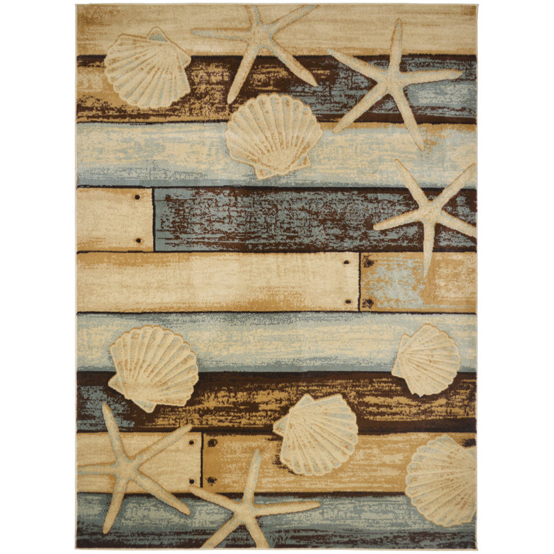 Tapis beige / ivoire Toth Sea Life, Rectangle 5 pi 3 po x 7 pi 3 po