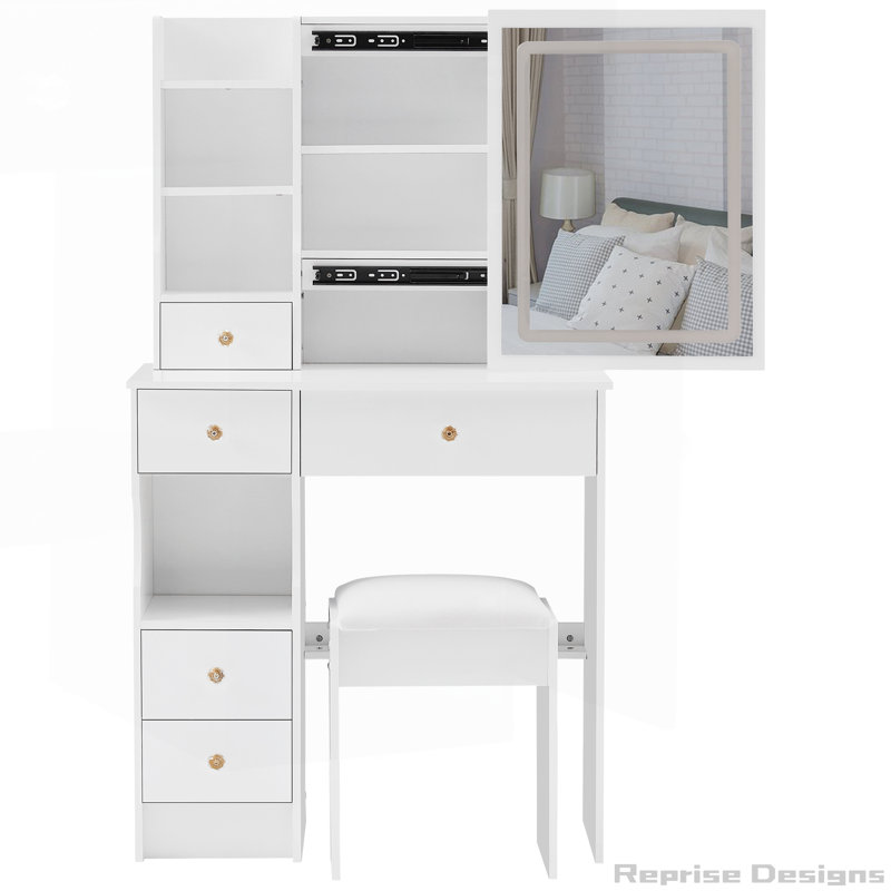 29.2" Small Size Left Drawer Desktop Vanity Table with Cushioned Stool and Brightness Adjust LED Mirror, White