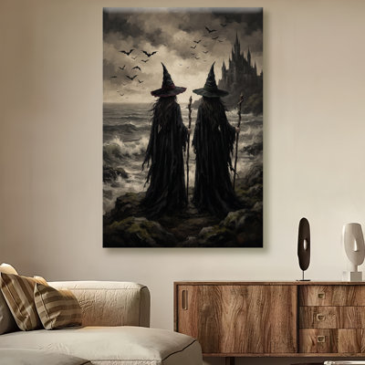 Retro Spooky Witches and Castle Canvas Wall Art Halloween Picture Print, Vintage Dim Scene Gothic Artwork Painting for Living Room Bedroom Home Office Decor