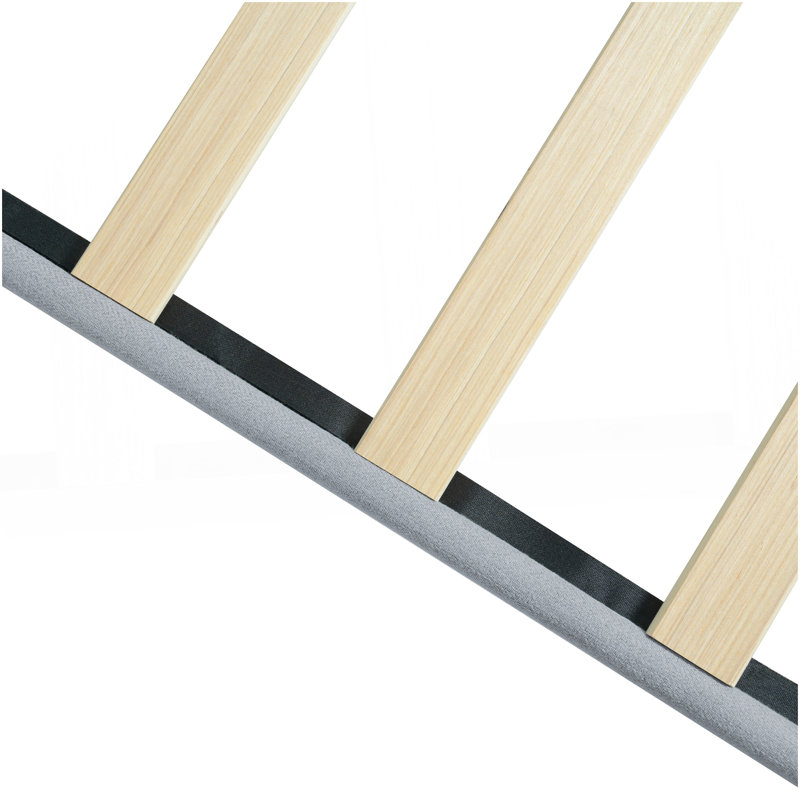 Structure de lit simple tapissier avec tête de lit en tissu de lin capitonné, pas de sommier tapissier, support à lattes de bois, assemblage facile, gris