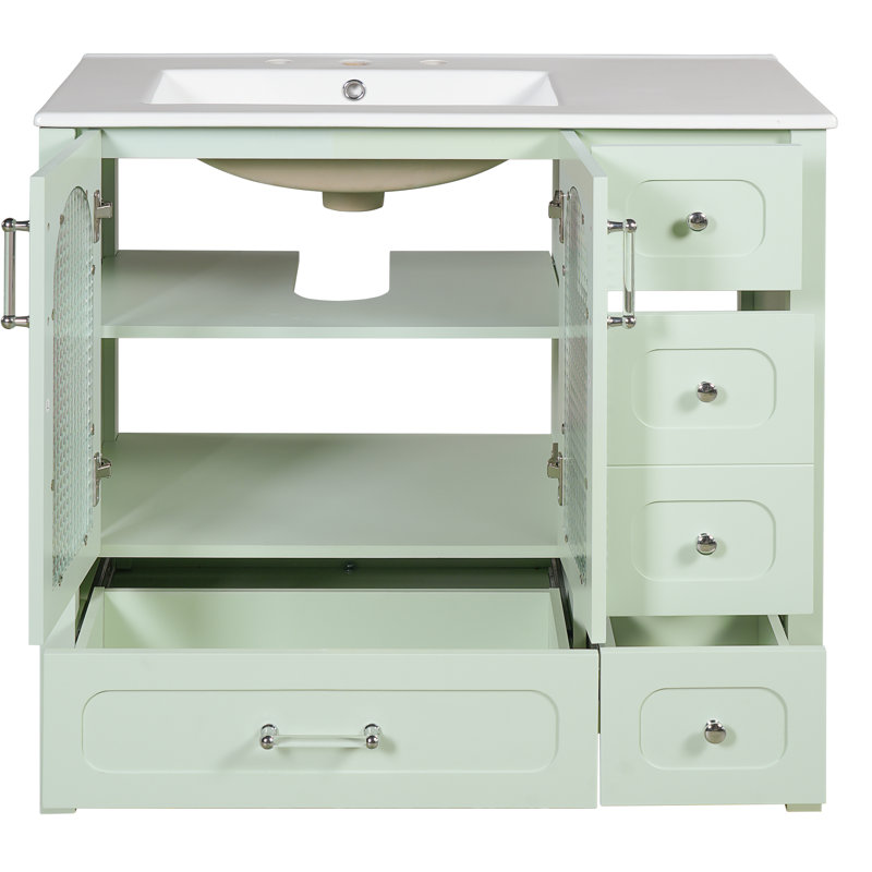 Rangement de salle de bain 36 pouces avec verre texturé gaufré, quatre tiroirs profonds, deux portes, tablette réglable, finition fraîche, poignées, étagères en verre à conception d'armoire sans couture, charnières, silencieux et lisse