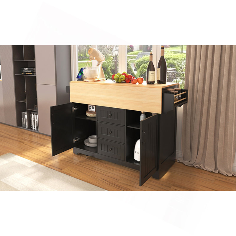 Grand îlot de cuisine 55,7 po avec 2 abattants, chariot de cuisine roulant sur 5 roulettes avec prise de courant, table de salle à manger pliante avec porte-épices et porte-serviettes, 3 tiroirs, pour la cuisine, la salle à manger