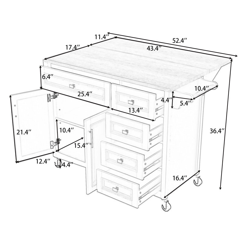 Kitchen Island Cart with Extendable Drop Leaf, Spice & Towel Racks and Adjustable Shelves, White