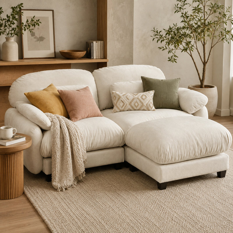 Canapé d'angle modulaire Elarquess Cloud pour 2 personnes avec pouf amovible, assise profonde en chenille, coussins en mousse haute densité et ressorts, 2 petits coussins lombaires