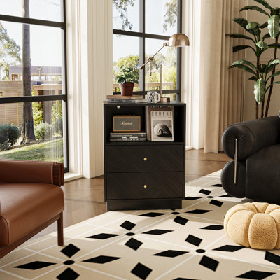 Black Wood Nightstand With Geometric Carved Front, 2 Drawers And Open Shelf, 23.6"W X 15.7"D X 31.5"H Bedroom Side Table