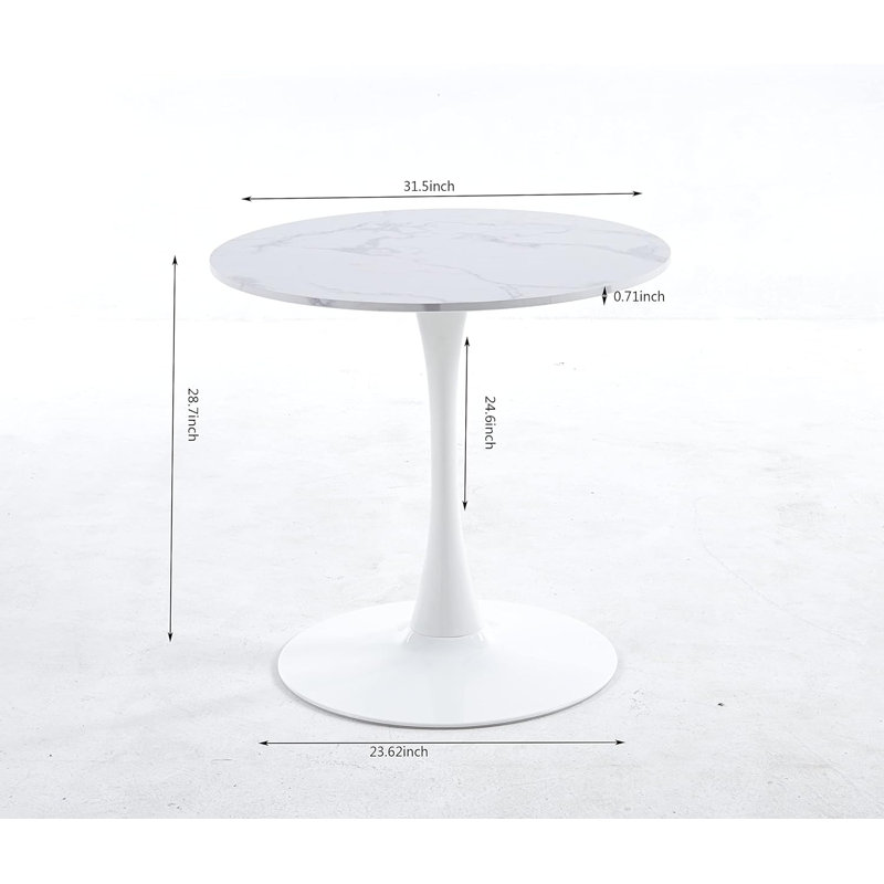 Table de salle à manger Mid-Century, H 29,5 po x L 31,5 po x l 31,5 po, Marbre blanc