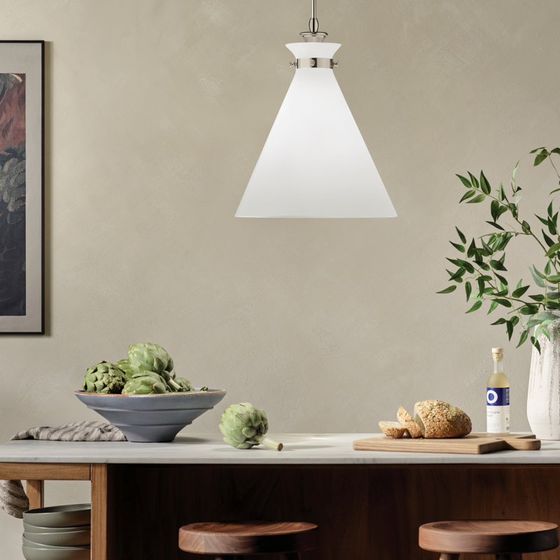 Luminaire suspendu traditionnel 1 lumière avec verre, Nickel poli, Opale antique, H 19,75 po x l 16 po
