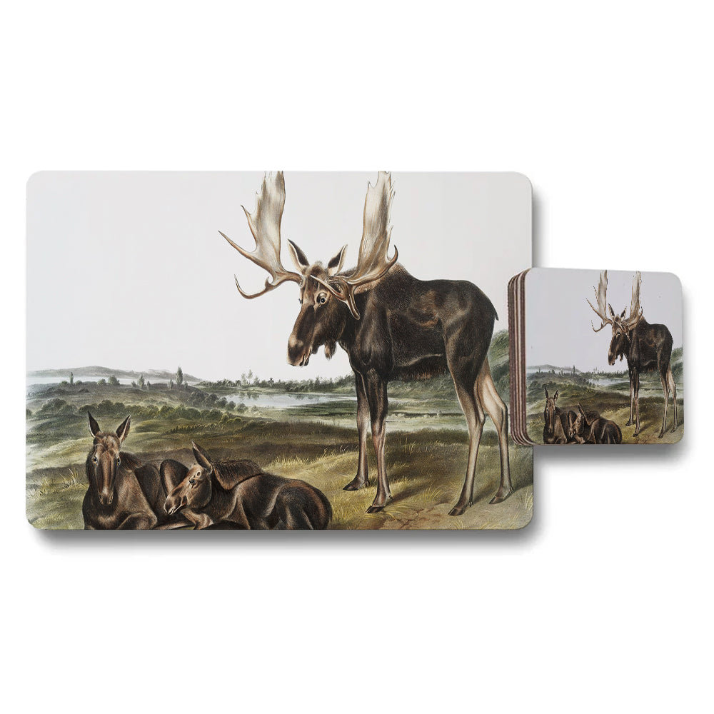 Moose Themed Placemat And Coaster Set With Wildlife Scene