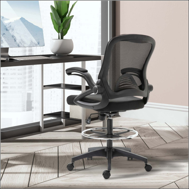 Chaise de dessinateur en filet, chaise de bureau haute avec support lombaire, accoudoirs rabattables, repose-pieds et hauteur de siège réglable
