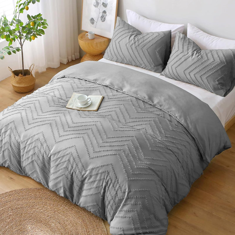 Microfiber Chequered Duvet Cover Set, King, Grey