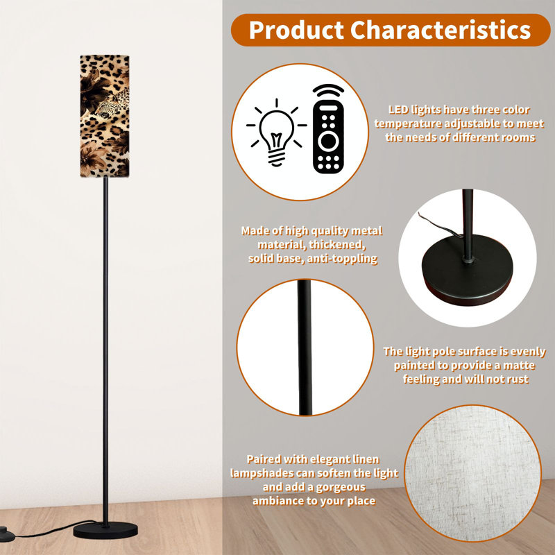  68.5" Standing Floor Lamp Leopard texture Leopard print Leopard Dimmable Metal Pole Lamp with Linen Lampshade LED Bulb Included