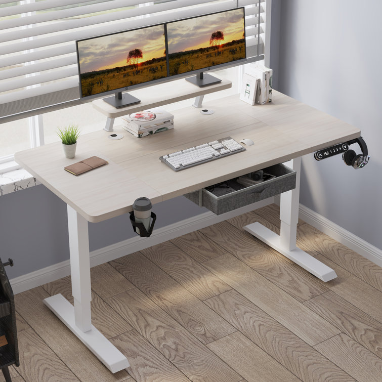 Electric Height Adjustable Standing Desk with White Wood Desktop