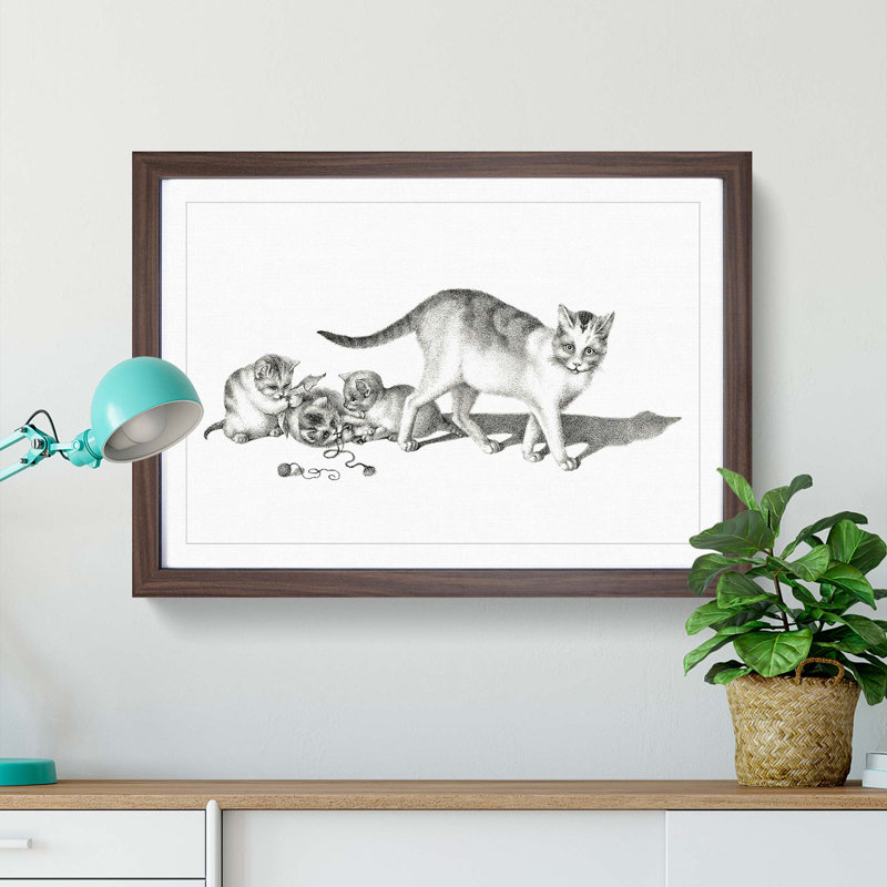 Cat with Playful Kittens by Gottfried Mind - Picture Frame Graphic Art Print, 27cm H x 36cm W x 2cm D, Walnut Framed