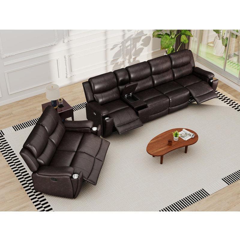Ensemble de sofas inclinables modernes 3 pièces avec porte-gobelets et rangement, Simili cuir brun foncé