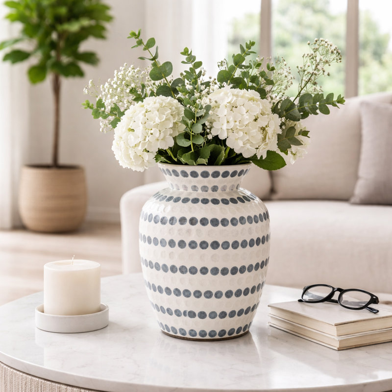 Decorative Vase With Dots Pattern For Home Decor - Statement Capiz Tall Flower Vase For Living Room Accent - Floor Inspired Vase For Entryway Display - 12", Ivory & Blue