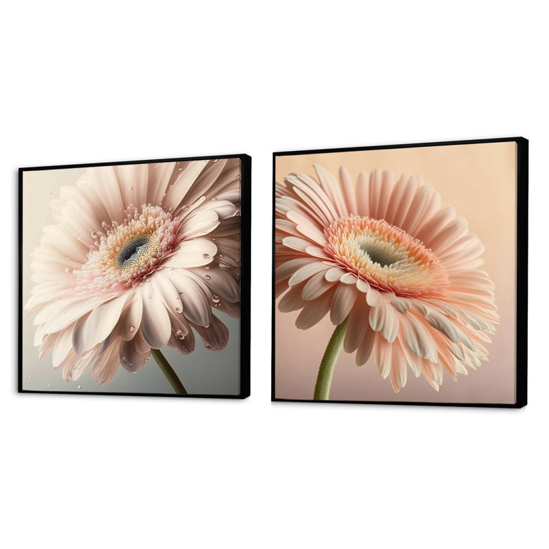 Gerbera rose - Collage de marguerites carrées, Cadre flottant noir, H 16 po x l 33 po