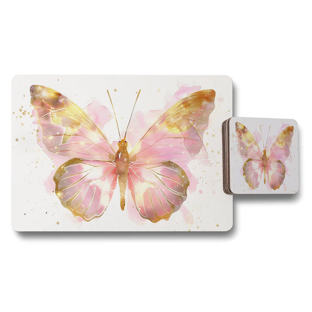 Watercolor Pink Butterfly Placemats And Coaster Set With Gold Accents