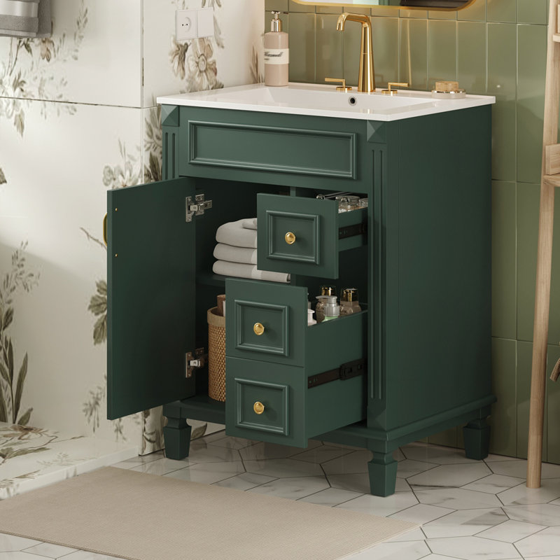Meuble-lavabo avec lavabo en céramique, armoire avec 2 tiroirs et tablette réglable, Vert