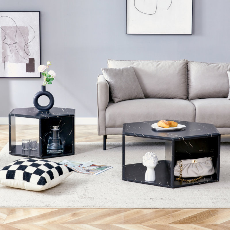 Hexagonal Coffee Table Set.Hexagonal MDF Coffee Table, Multi-Hole Design., Black