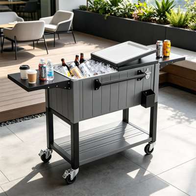 Chariot réfrigérant à roulettes 80 pte avec tablettes latérales pliantes, chariot à boissons extérieur portable avec tablette de rangement inférieure, 4 roulettes pivotantes, ouvre-bouteille intégré, pour patio, barbecue, fête, bar, gris