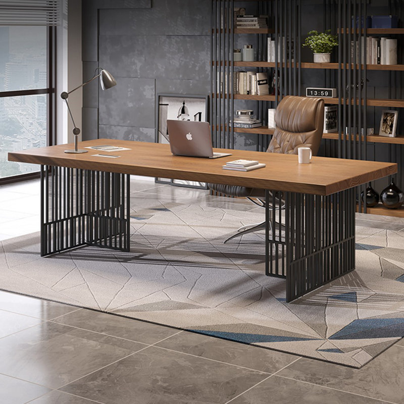 Brown+Black Rectangular Solid Wood+Iron desks, 29.53" H x 70.87" W x 31.5" D