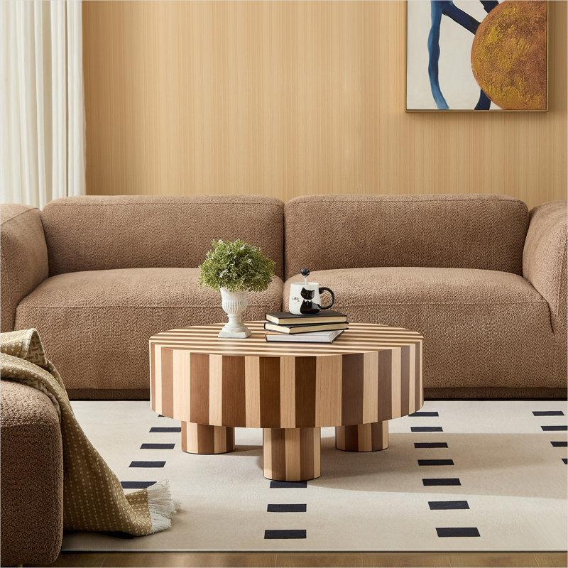Table basse ronde de 31,49 pouces avec placage rayé blanc pur et noyer, plateau en bois d'ingénierie, finition naturelle