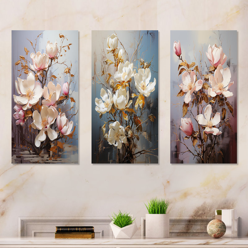 Gilded Extravagance Magnolias - Magnolias Metal Prints Set Of 3, 28" H x 36" W