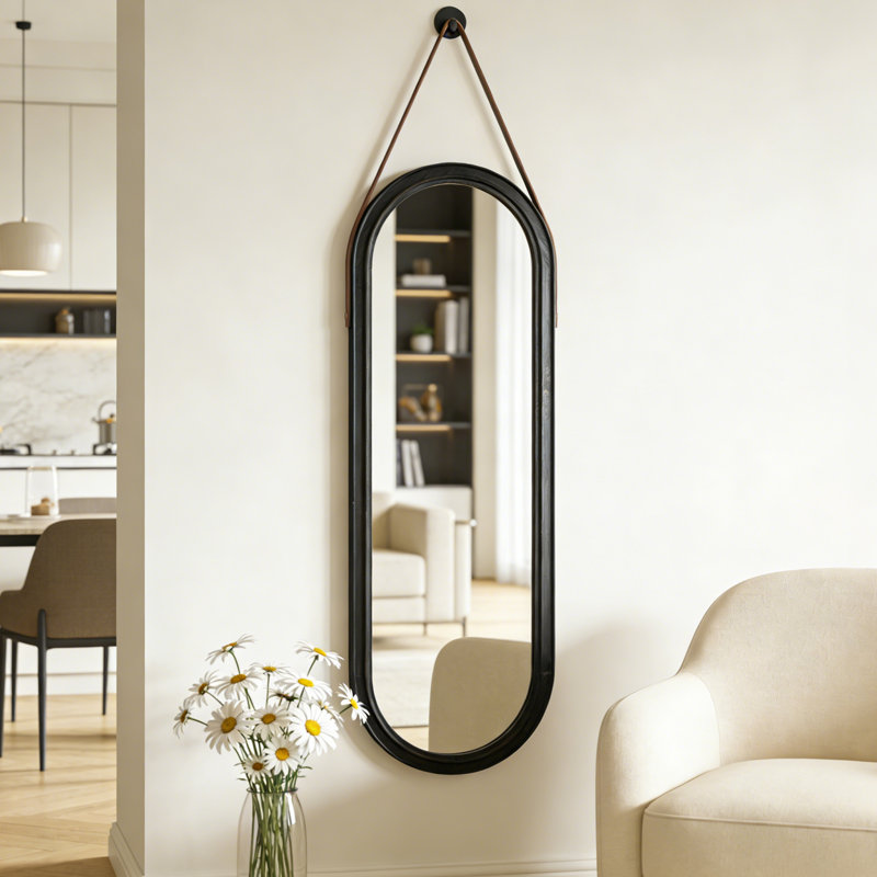 Arched Full-Length Paulownia Wood Wall Mirror With Hanging Strap