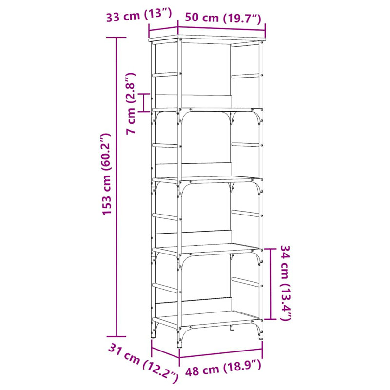 Holweg 50cm W Steel Standard Bookcase, (4 Shelves) 153 cm H x 50 cm W x 33 cm D, Old Wood