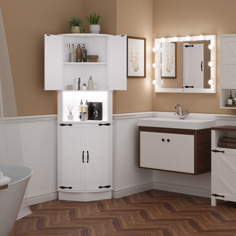 Grande armoire de coin 65 po avec portes de grange, étagère de rangement à 5 niveaux et bahut de rangement 65 po, Blanc