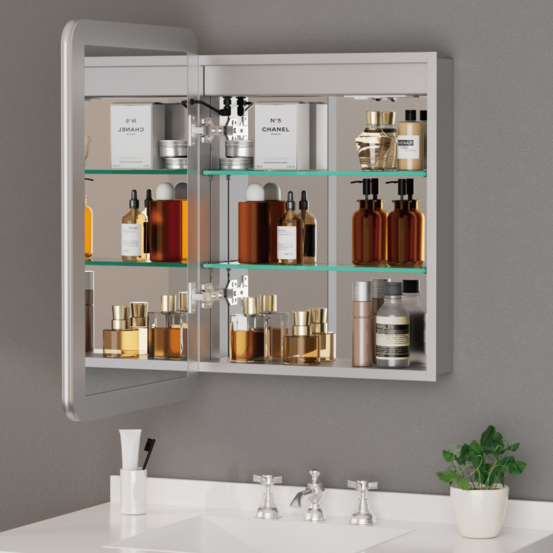 Armoire à pharmacie en aluminium de 61 cm (L) x 76 cm (H) avec miroir, éclairage DEL, antibuée, intensité variable et 3 couleurs, fonction mémoire, étagères en verre réglables, port USB et prise homologuée UL, montage encastré ou en saillie