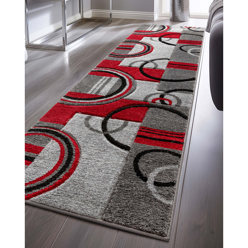 Shaliya Galaxy Waves Grey Red Modern Geometric Rug, Runner 2' x 7'