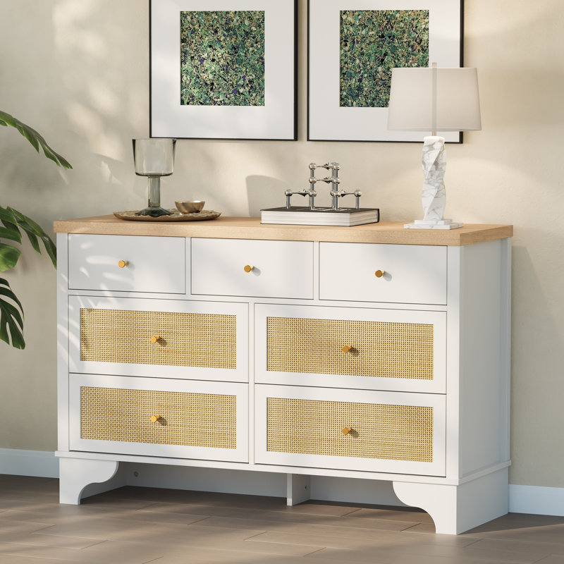 7 Drawer Dresser for Bedroom, 47.3" Wide Natural Rattan Chest of Drawers, Wood Boho Clothing Storage Organizer, Dresser TV Stand Cabinet for Living Room