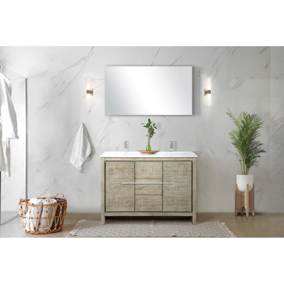 48 po Meuble-lavabo rustique avec comptoir en marbre et robinet - grande armoire de rangement ouverte à fermeture en douceur avec deux armoires intérieures en nickel brossé et trois tiroirs pour un rangement optimal