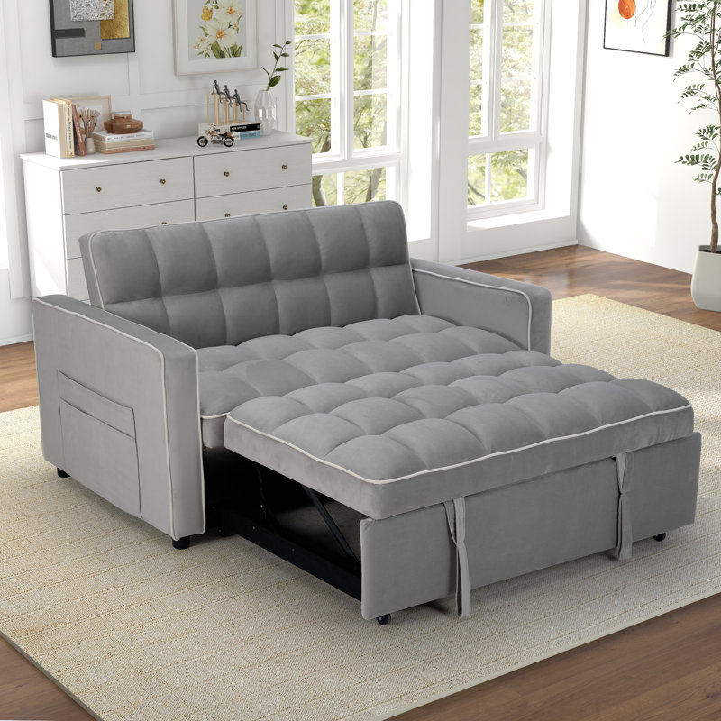 53.1" Wide Modern Convertible Microsuede Sleeper Sofa Bed With Reclining Backrest And Side Pocket, White Microfiber