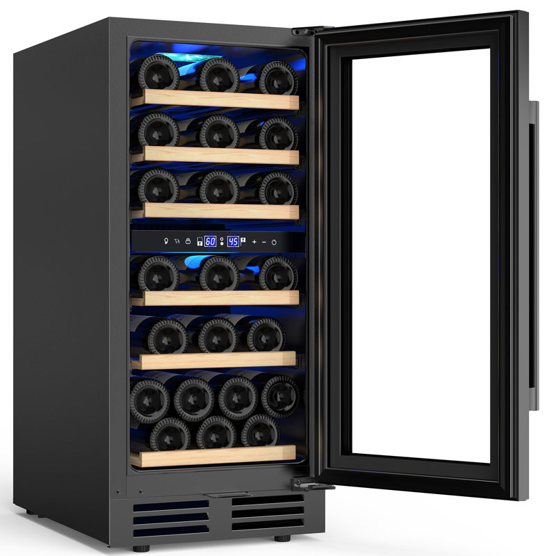 15" Wine Premium Refrigerator 30 Bottle Dual Zone Wine Cooler with Two Handle and Reversible Hinge, Black